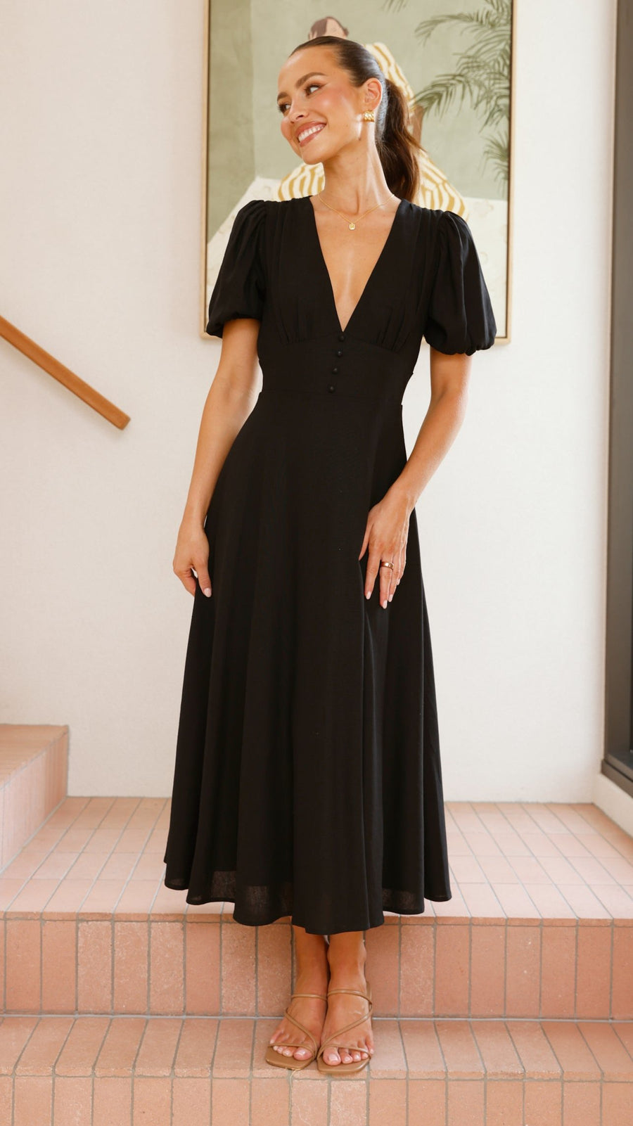 Black Linen Puff Sleeve Maxi Dress