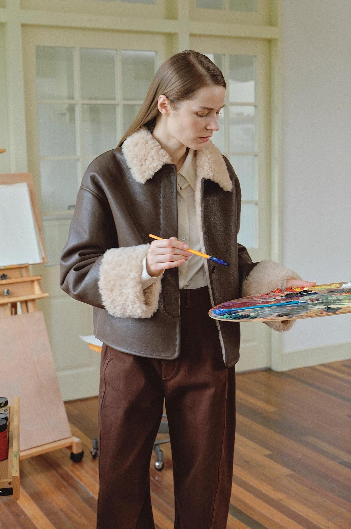 Slightly Sweet Latte Second Generation Furry Lapel Casual Straight Shorn Shearling Jacket