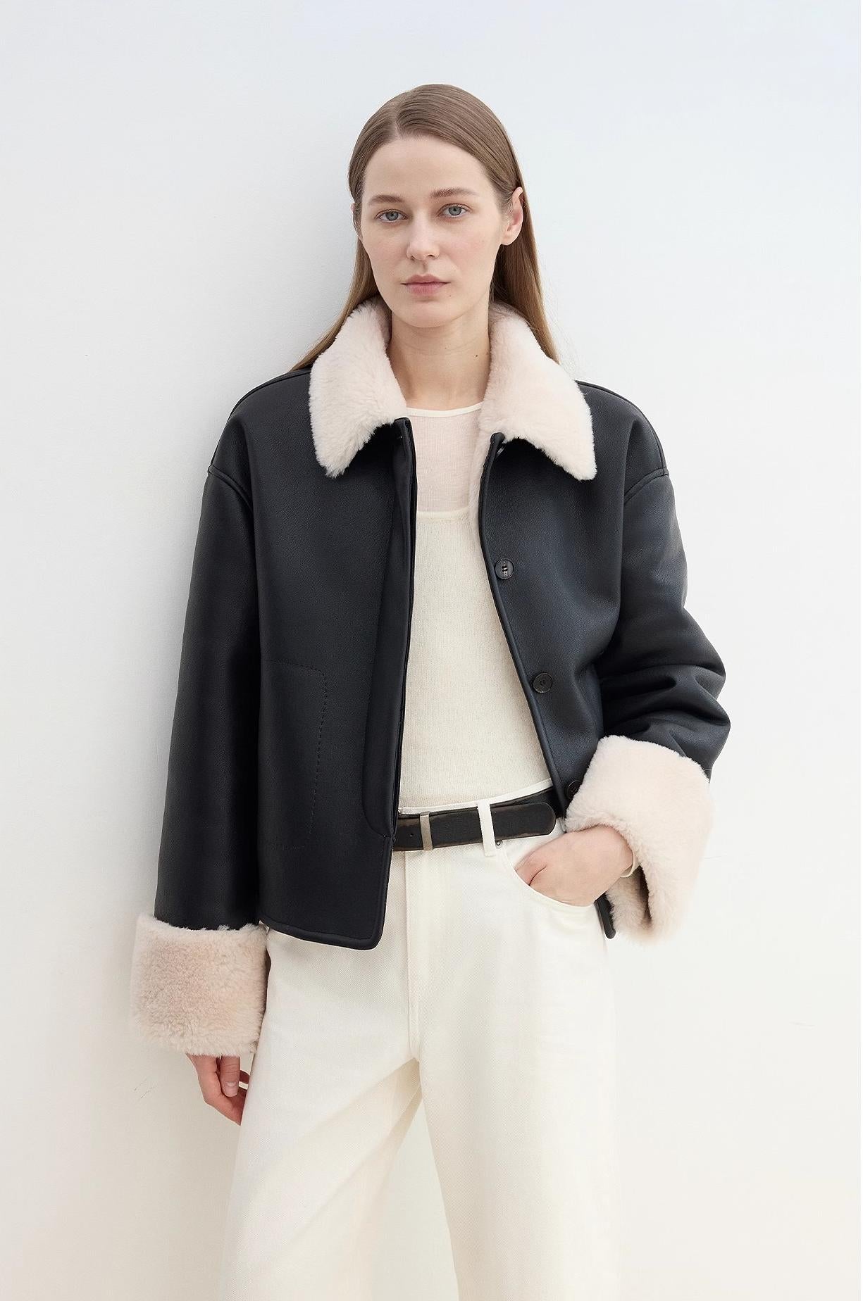 Slightly Sweet Latte Second Generation Furry Lapel Casual Straight Shorn Shearling Jacket