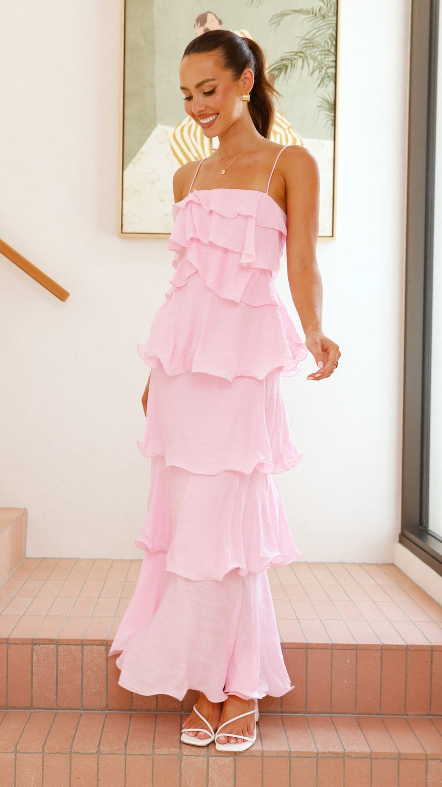 Pink Crepe Layered Ruffle Maxi Dress