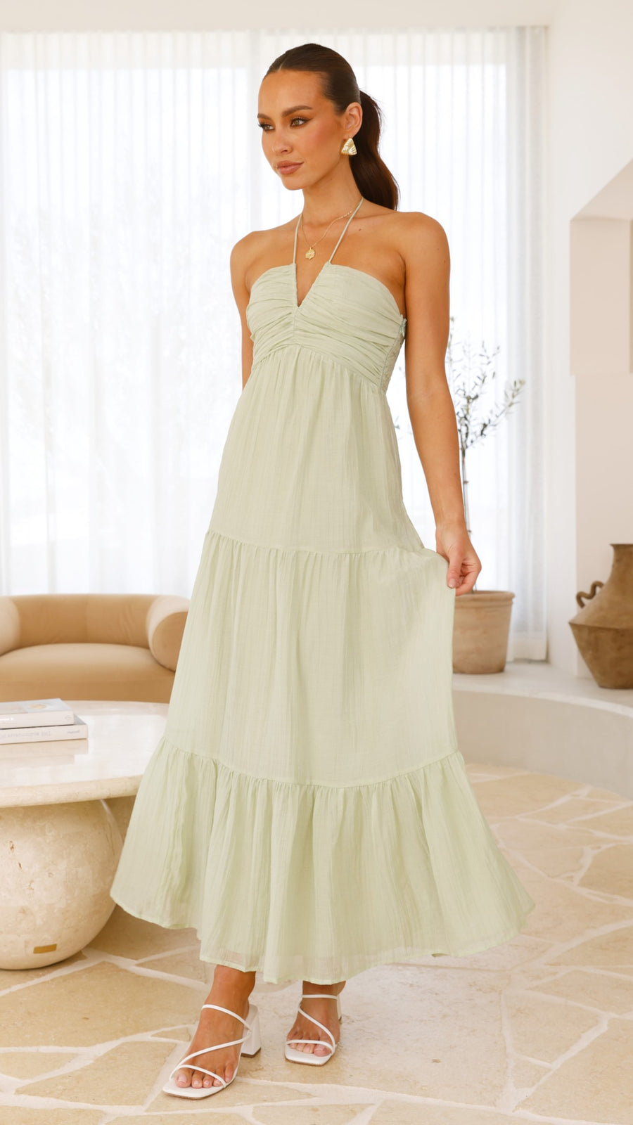 Sage Green Moss Cotton Halter Maxi Dress