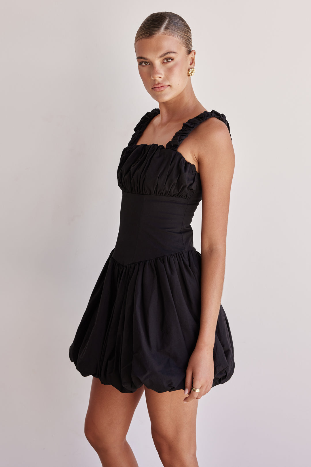 Black Cotton Poplin Bubble Mini Dress