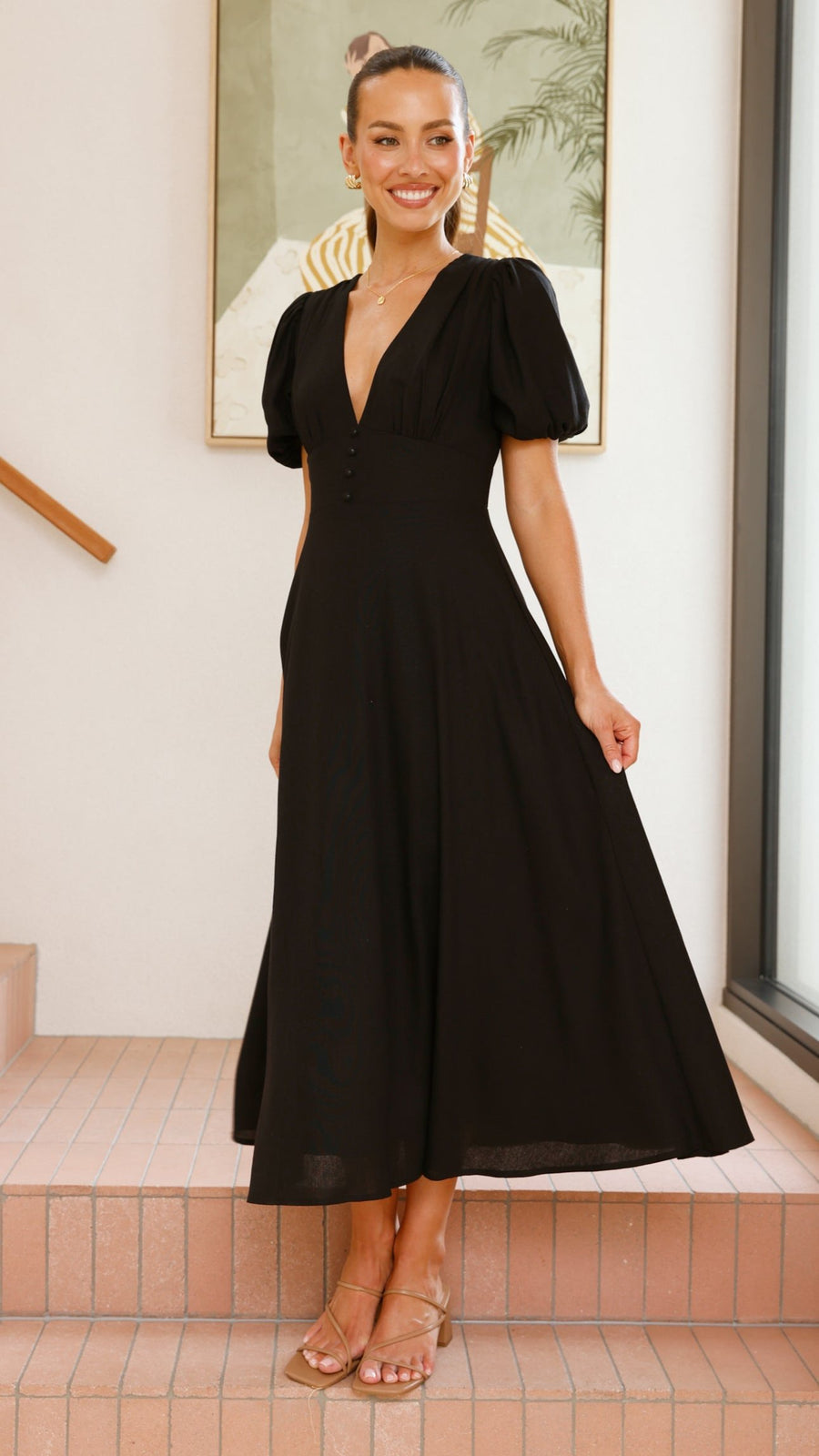 Black Linen Puff Sleeve Maxi Dress